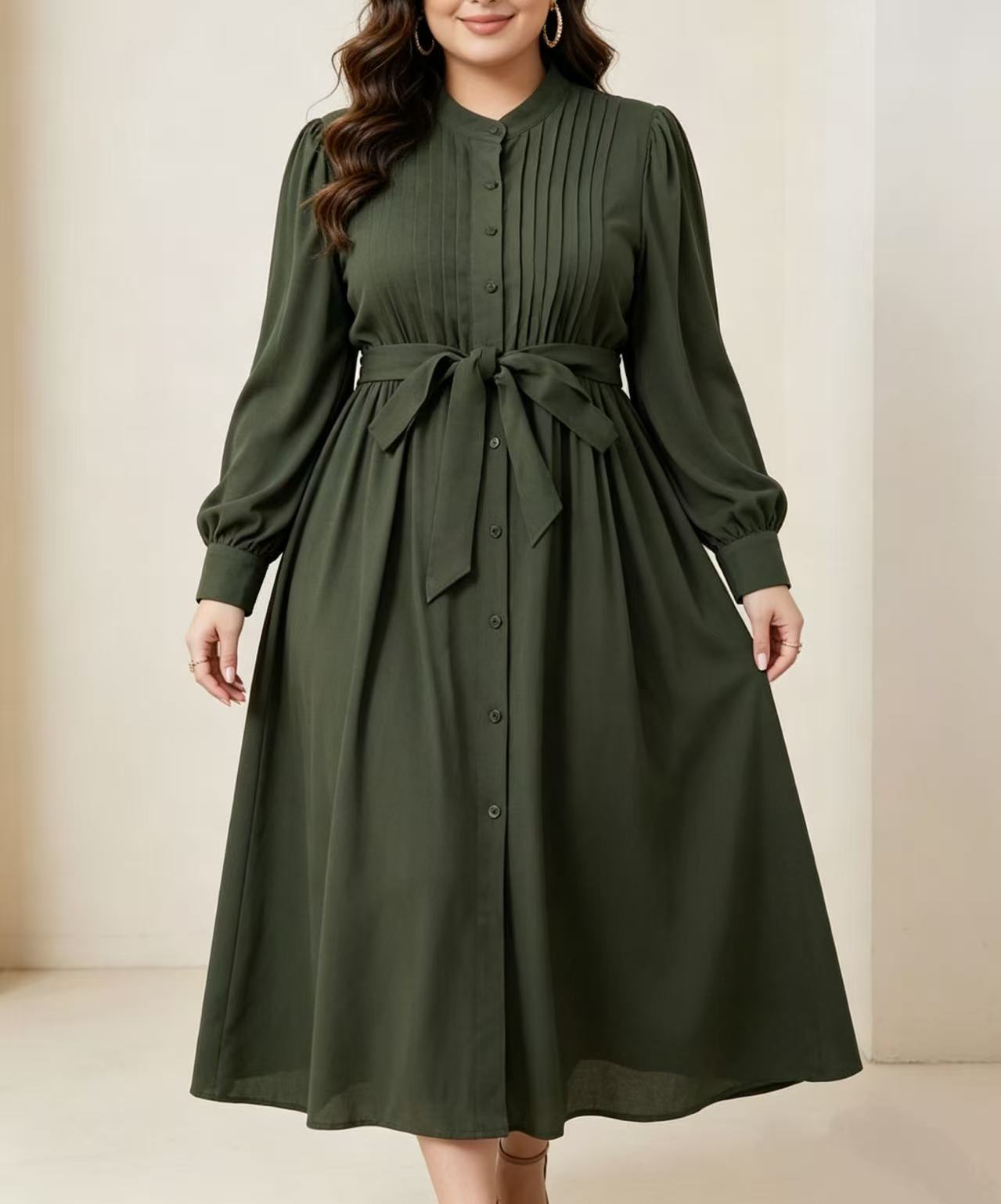 Corset Waist Cinch - Vestido maxi plisado verde militar para